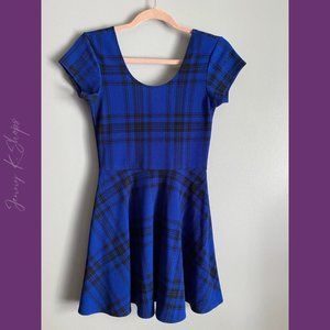 Planet Gold | 90's Style Blue & Black Plaid Scoop Neck Skater Dress